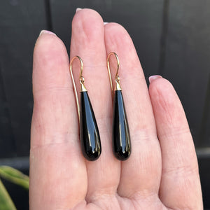 VINTAGE ESTATE ONYX TORPEDO DROP EARRINGS ON 9ct YELLOW GOLD