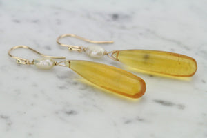 BESPOKE HANDCRAFTED CITRINE & PEARL EARRINGS ON 9ct YELLOW GOLD