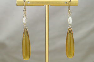 BESPOKE HANDCRAFTED CITRINE & PEARL EARRINGS ON 9ct YELLOW GOLD