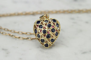 VINTAGE ESTATE SAPPHIRE & RUBY DOUBLE SIDED HEART PENDANT ON 9ct YELLOW GOLD