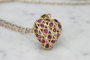 VINTAGE ESTATE SAPPHIRE & RUBY DOUBLE SIDED HEART PENDANT ON 9ct YELLOW GOLD