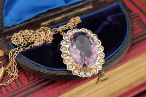 ANTIQUE EWARDIAN c1910 AMETHYST & NATURAL SEED PEARL NECKLACE ON 9ct YELLOW GOLD