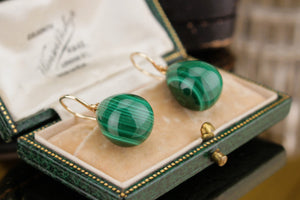 RETRO ESTATE MALACHITE EARRINGS ON 9ct YELLOW GOLD