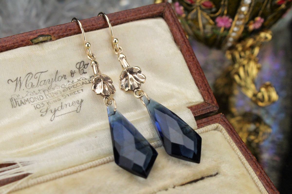BESPOKE HANDCRAFTED IOLITE EARRINGS ON 9ct YELLOW GOLD