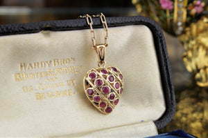 VINTAGE ESTATE SAPPHIRE & RUBY DOUBLE SIDED HEART PENDANT ON 9ct YELLOW GOLD