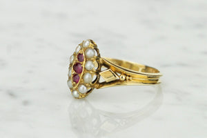 ANTIQUE VICTORIAN c1870 RUBY & SEED PEARL RING ON 18ct YELLOW GOLD