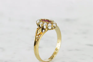 ANTIQUE VICTORIAN c1870 RUBY & SEED PEARL RING ON 18ct YELLOW GOLD
