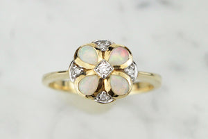 MODERN GEORGIAN STYLE OPAL & DIAMOND RING ON 9ct YELLOW GOLD