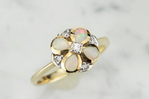 MODERN GEORGIAN STYLE OPAL & DIAMOND RING ON 9ct YELLOW GOLD